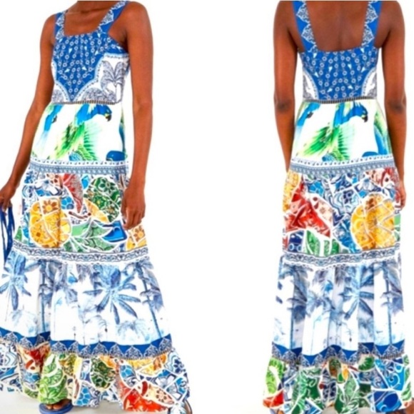 SOLD. NWT Farm Rio Tiered Blue Tiles Mixed Print Dress Medium - Picture 4 of 10